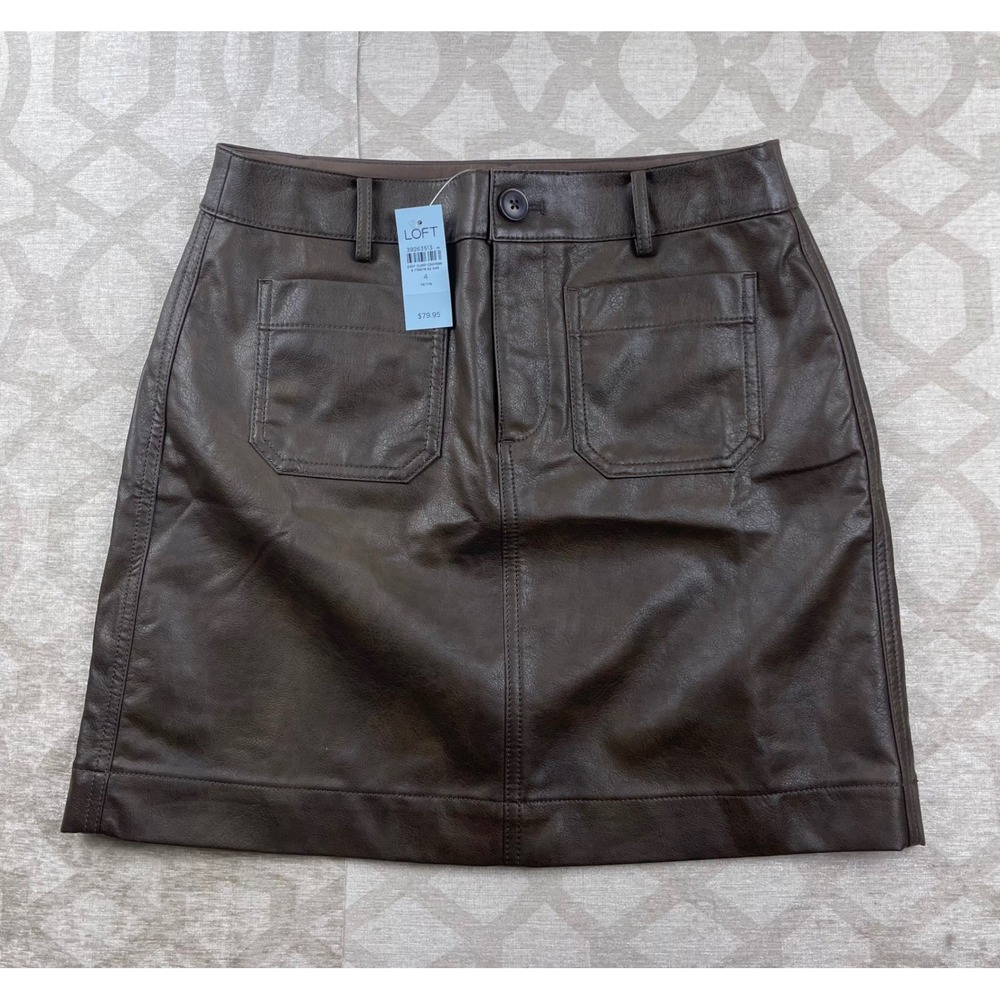 LOFT Faux Leather Mini‎ Skirt Petite 4P Dark Brown Patch Pocket New